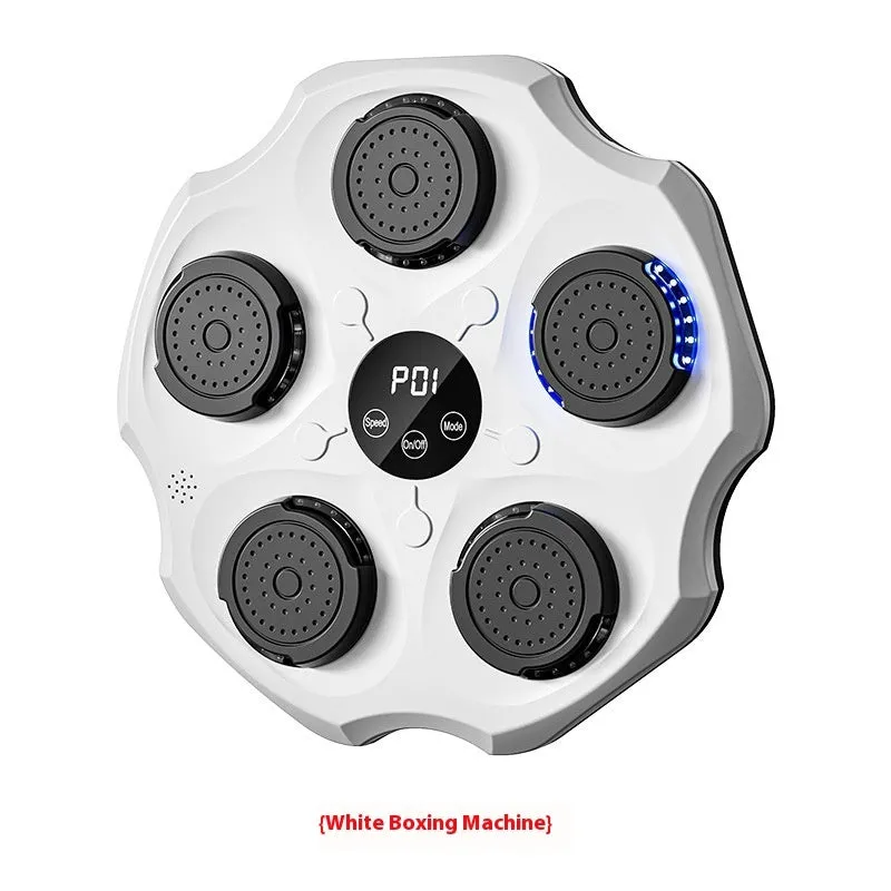 Black Bluetooth music boxing wall target hanging on a wall with paired adult boxing gloves.