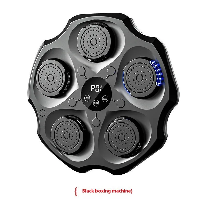Black Bluetooth music boxing wall target hanging on a wall with paired adult boxing gloves.