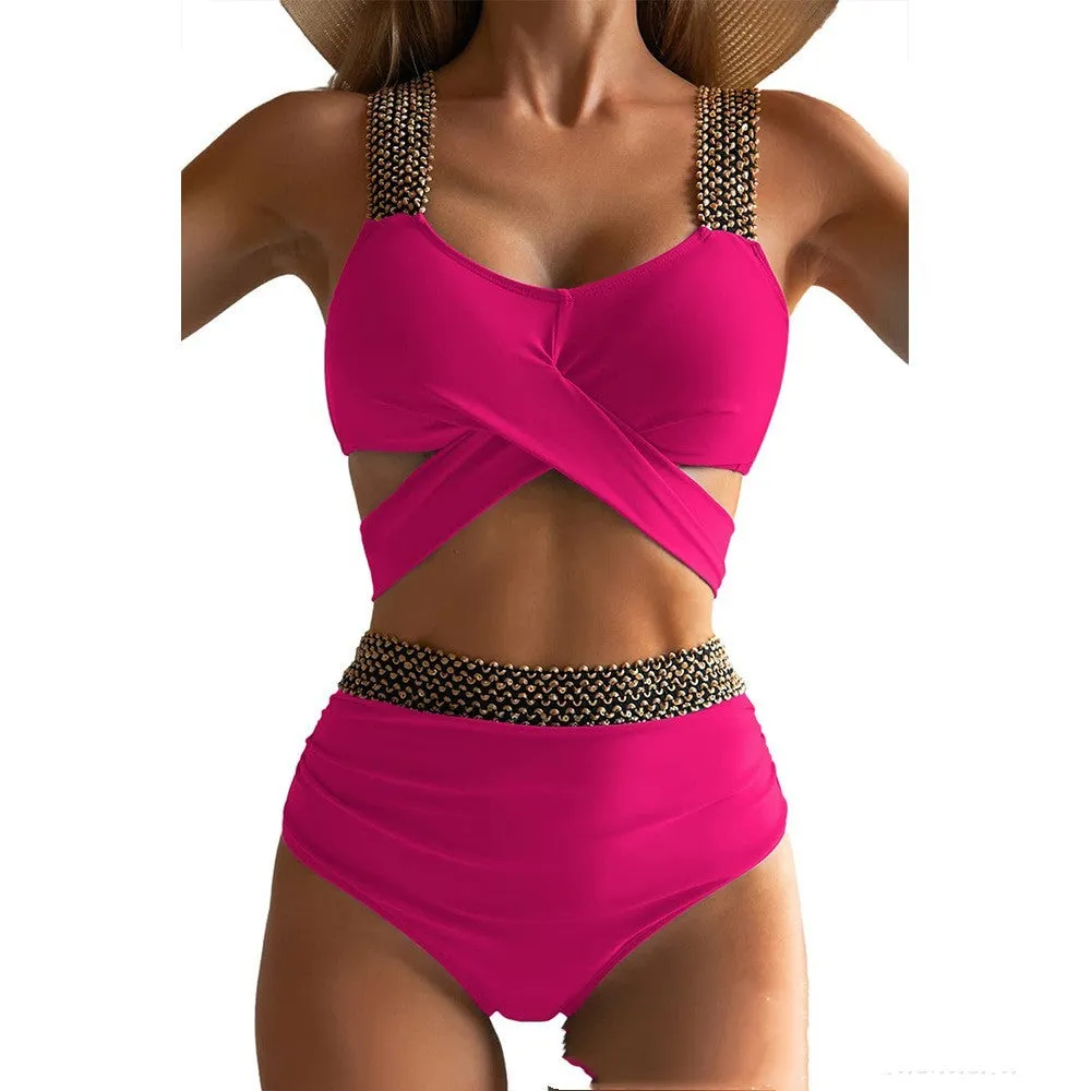 Women's split bikini set in polyester with black colour option, front view