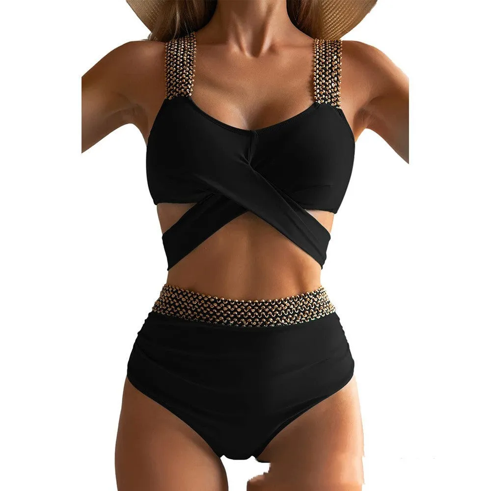 Women's split bikini set in polyester with black colour option, front view