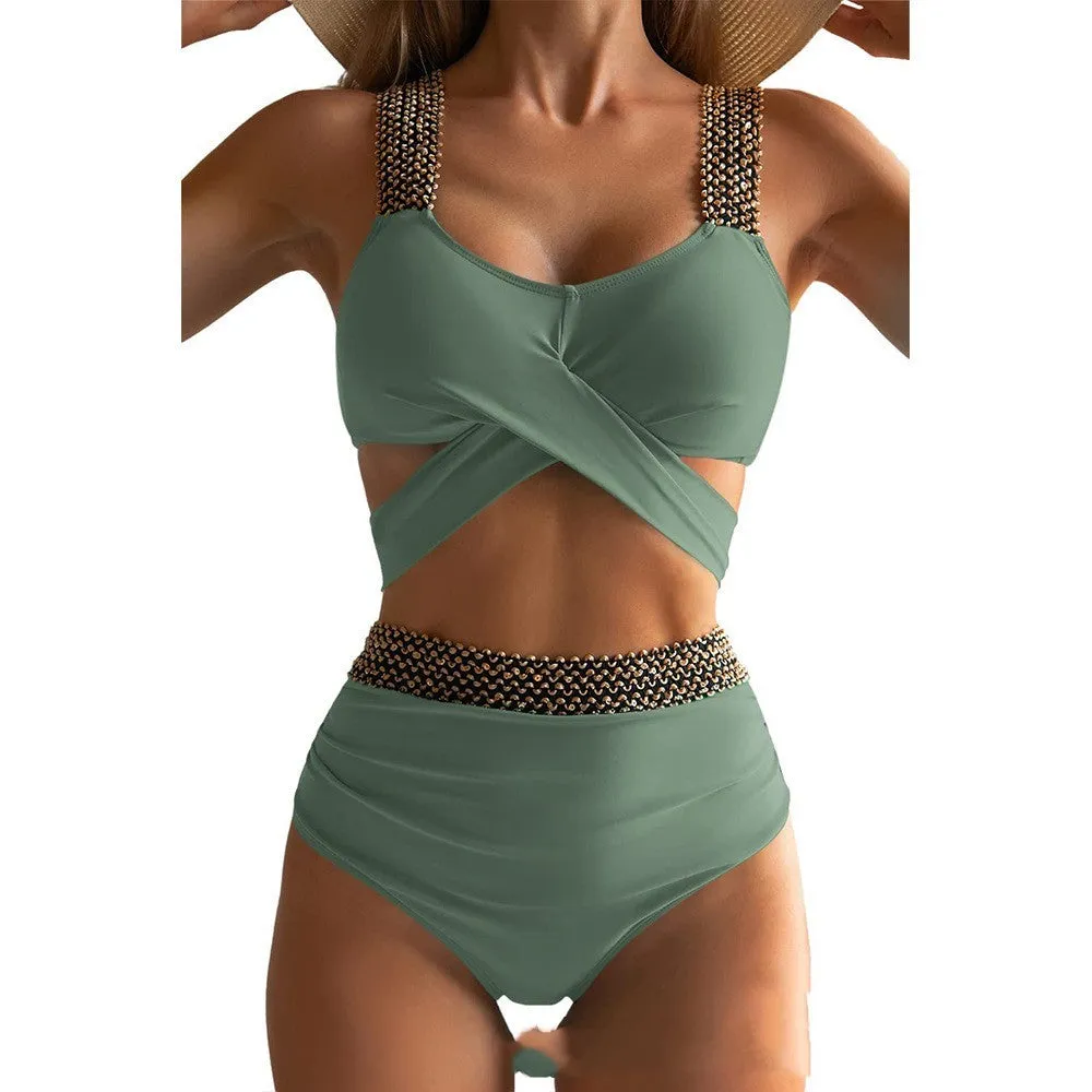 Women's split bikini set in polyester with black colour option, front view