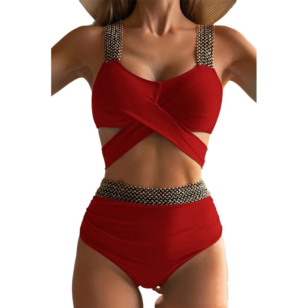 Women's split bikini set in polyester with black colour option, front view