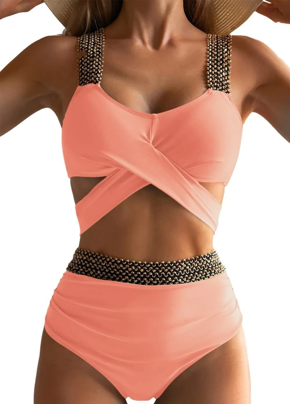 Women's split bikini set in polyester with black colour option, front view