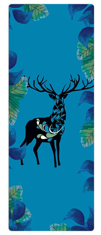 Non-slip yoga mat with rubber base, multicolour design showing elk pattern, 5mm thickness for yoga practice