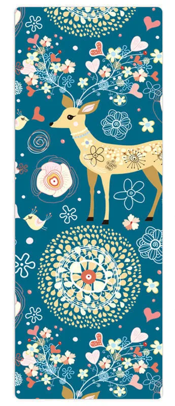 Non-slip yoga mat with rubber base, multicolour design showing elk pattern, 5mm thickness for yoga practice