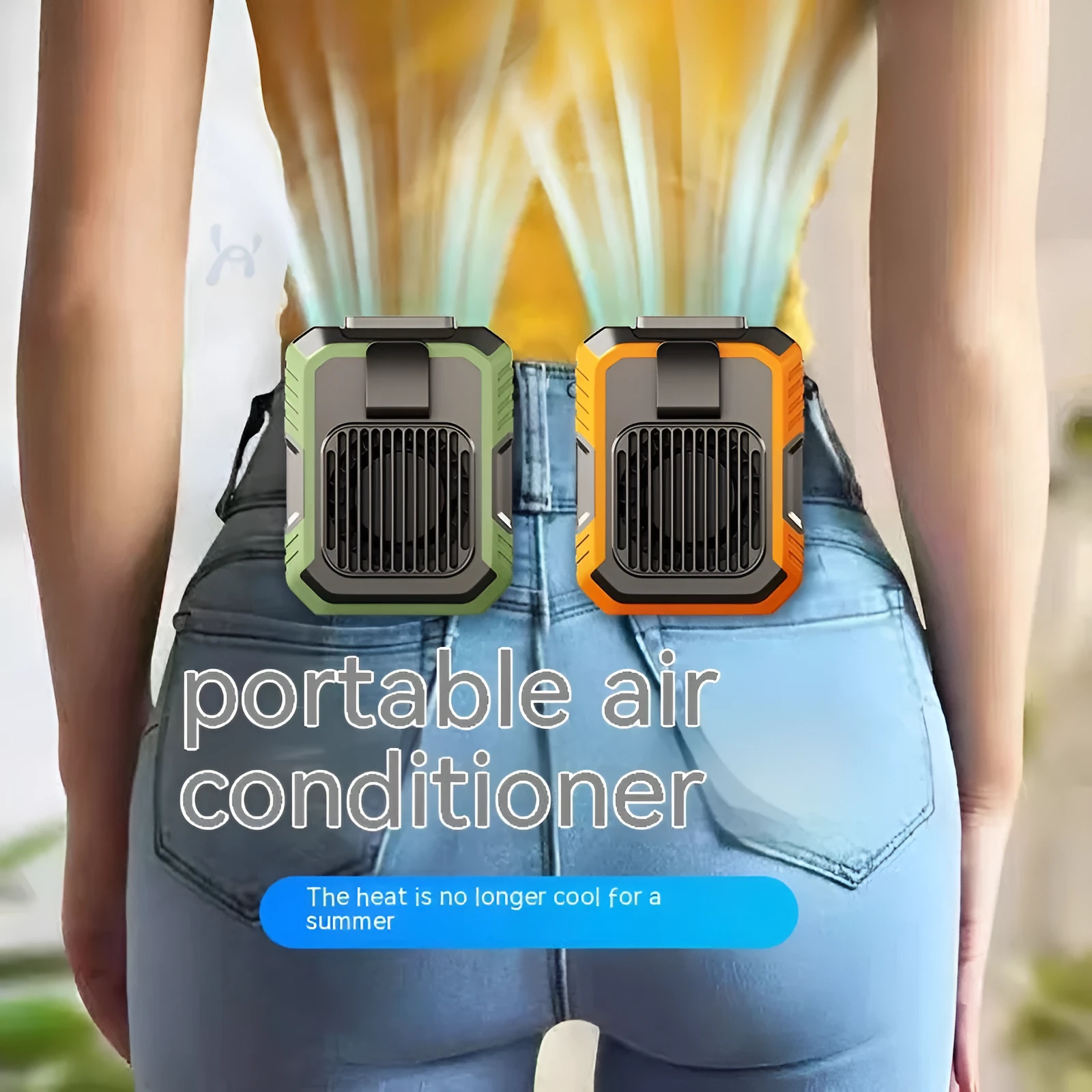 Green wrist hanging personal fan with light and USB charging port on a compact ABS and silicone body.