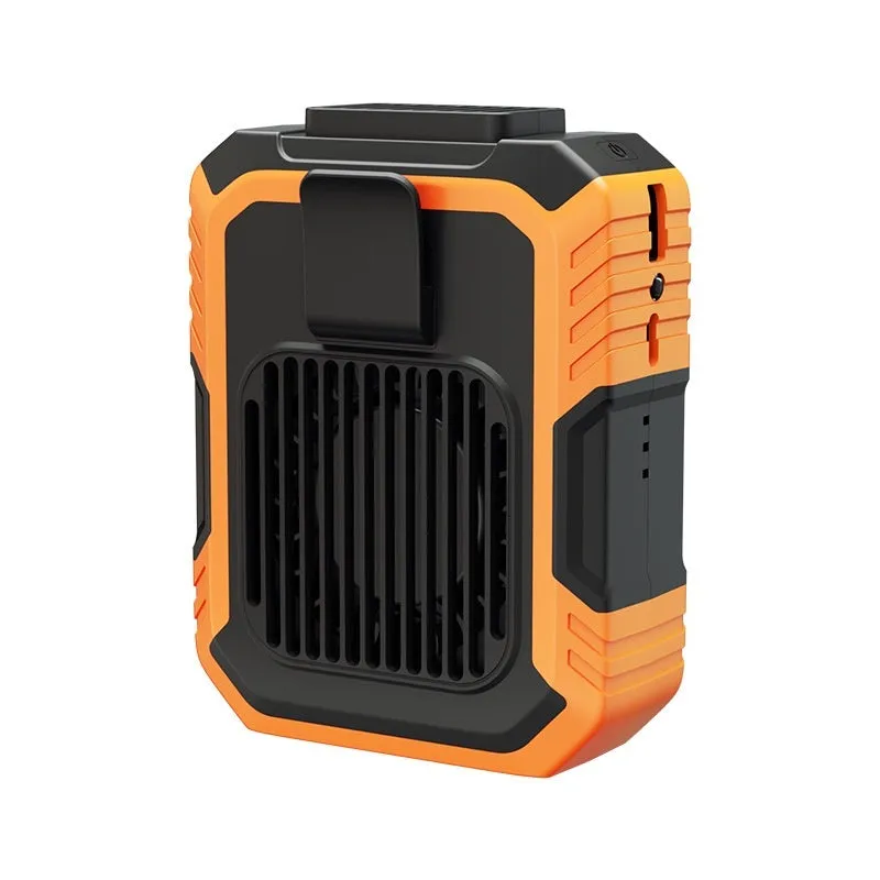 Green wrist hanging personal fan with light and USB charging port on a compact ABS and silicone body.