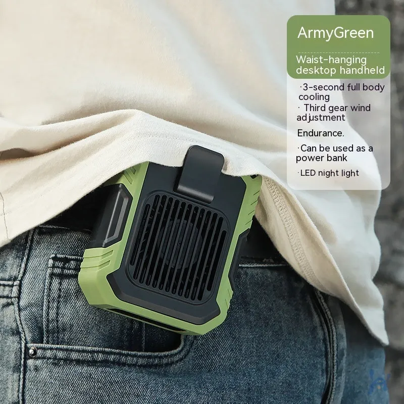 Green wrist hanging personal fan with light and USB charging port on a compact ABS and silicone body.