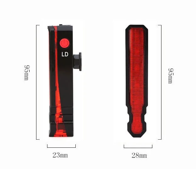 Cycling tail light with laser projection, 150LUX, USB rechargeable, IPX5 waterproof, red colour, silicone mount