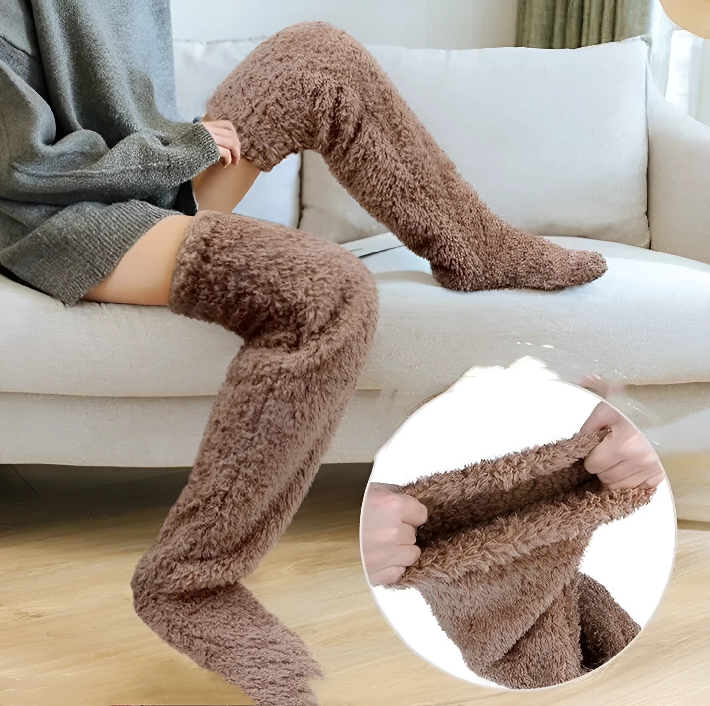 Thickened solid colour leg warmer for women in brown and light grey