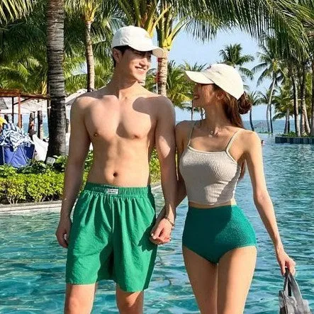 Women's high waist backless split swimsuit set in solid blue, two piece with top and shorts