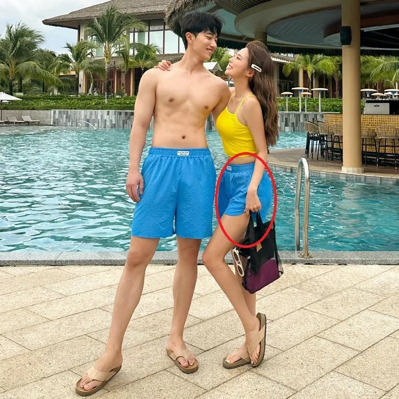 Women's high waist backless split swimsuit set in solid blue, two piece with top and shorts