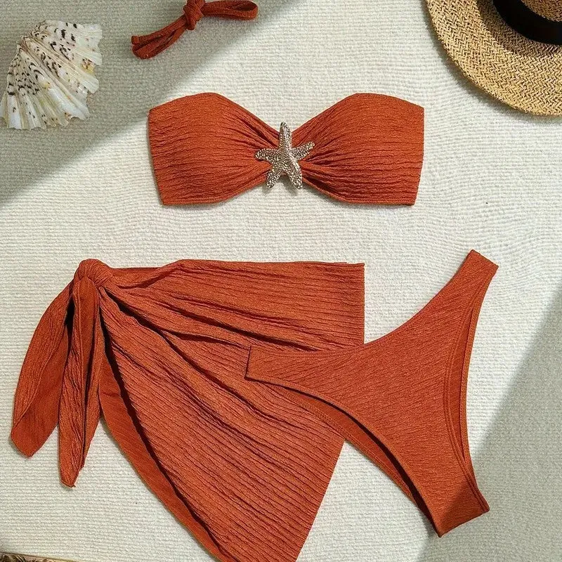 Brown floral three-piece bikini set with tube top, pants, and skirt for women