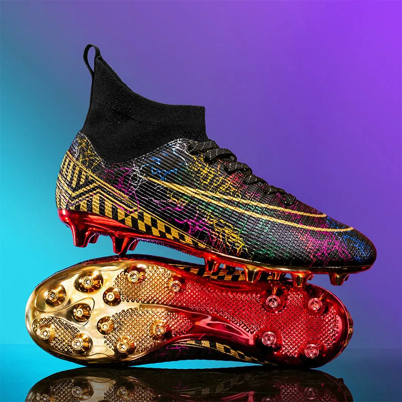 High-top football training shoes with gold-plated sole, synthetic leather upper in white, black or mandarin duck colours