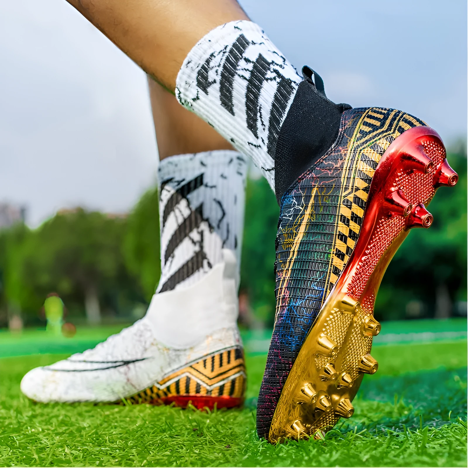 High-top football training shoes with gold-plated sole, synthetic leather upper in white, black or mandarin duck colours
