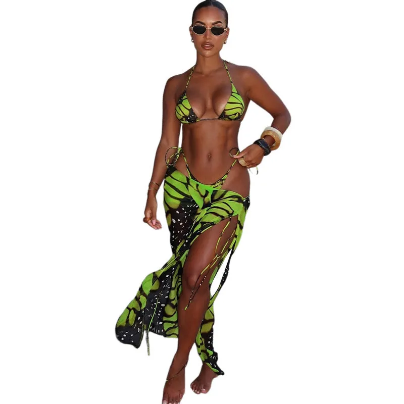 Women's fashion printed long skirt bikini three-piece suit in green with polyester fabric