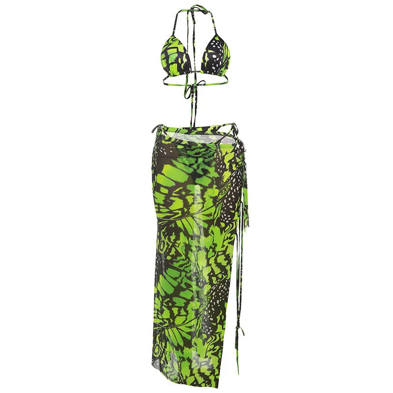 Women's fashion printed long skirt bikini three-piece suit in green with polyester fabric