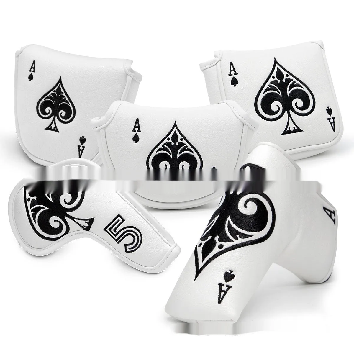 PU golf putter sleeve accessory shown in multiple colours including grey, red, and black