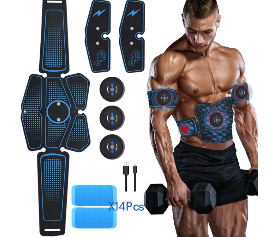 EMS muscle stimulating fitness sticker in blue with rechargeable device for abdominal and leg shaping