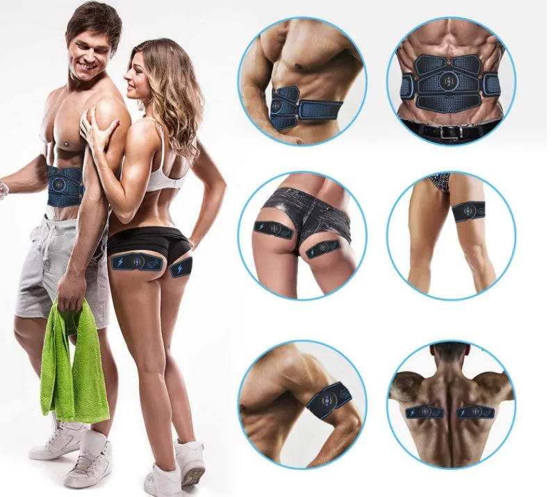 EMS muscle stimulating fitness sticker in blue with rechargeable device for abdominal and leg shaping