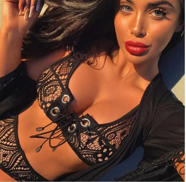 Women's three-point lingerie set with transparent bralette and high-waist panty in black, nylon fabric