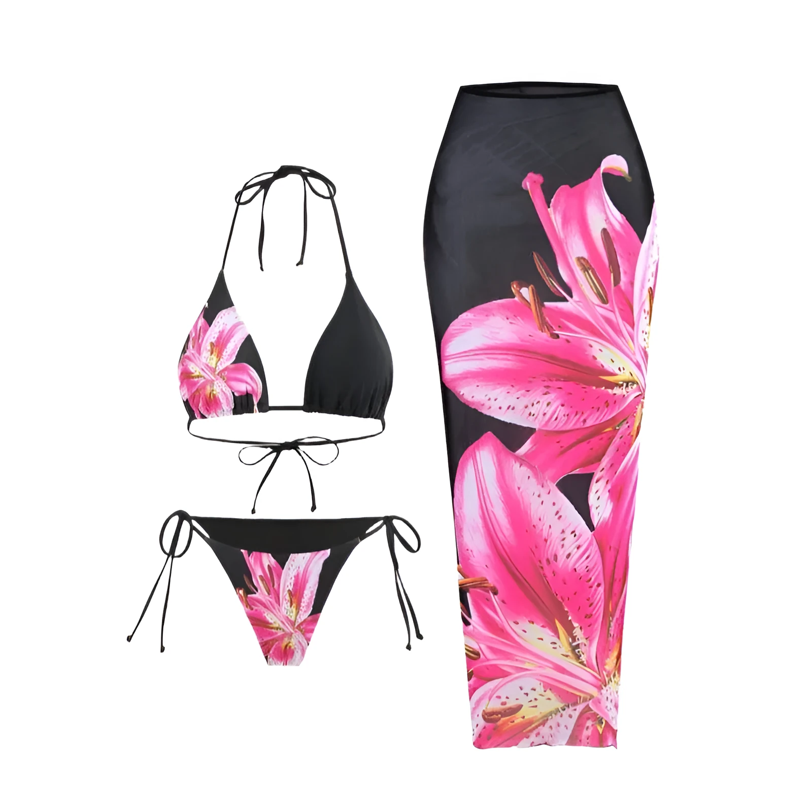 Women's printed bikini three-piece set with black red flowers and matching wrap skirt in polyester