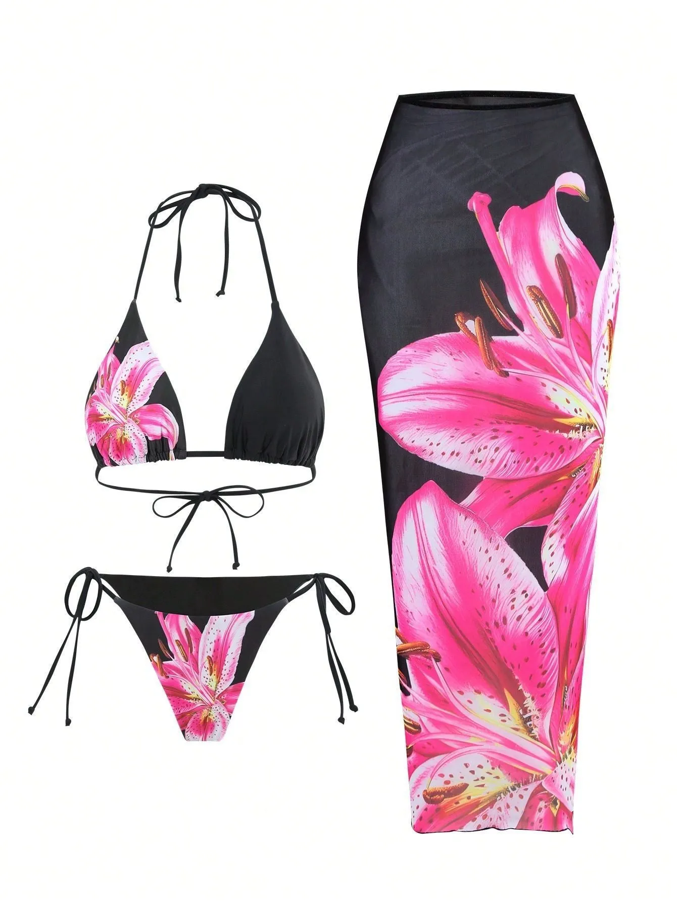 Women's printed bikini three-piece set with black red flowers and matching wrap skirt in polyester