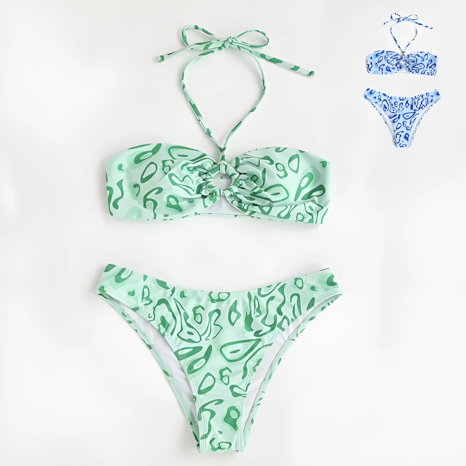 Women's blue floral bandeau bikini swimsuit with split style design on mannequin