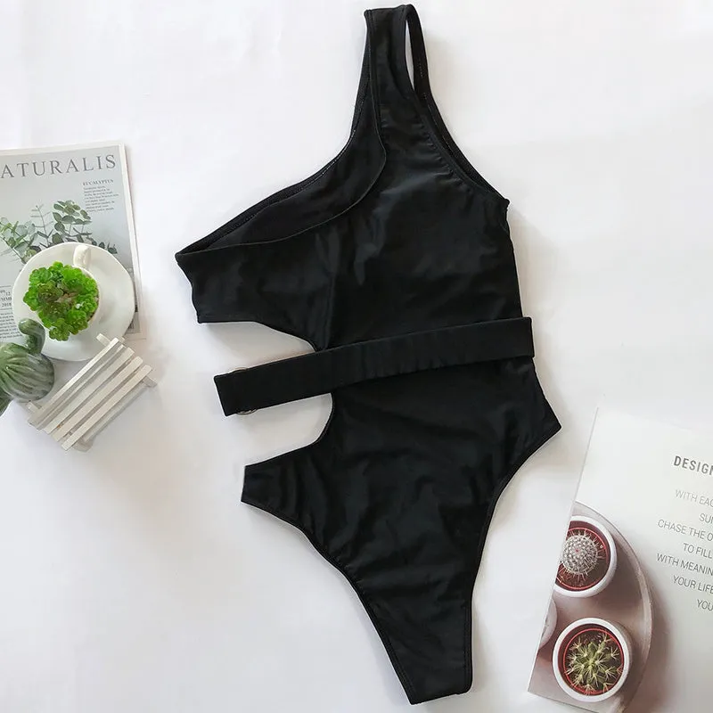 Black one shoulder nylon swimsuit for women, front view