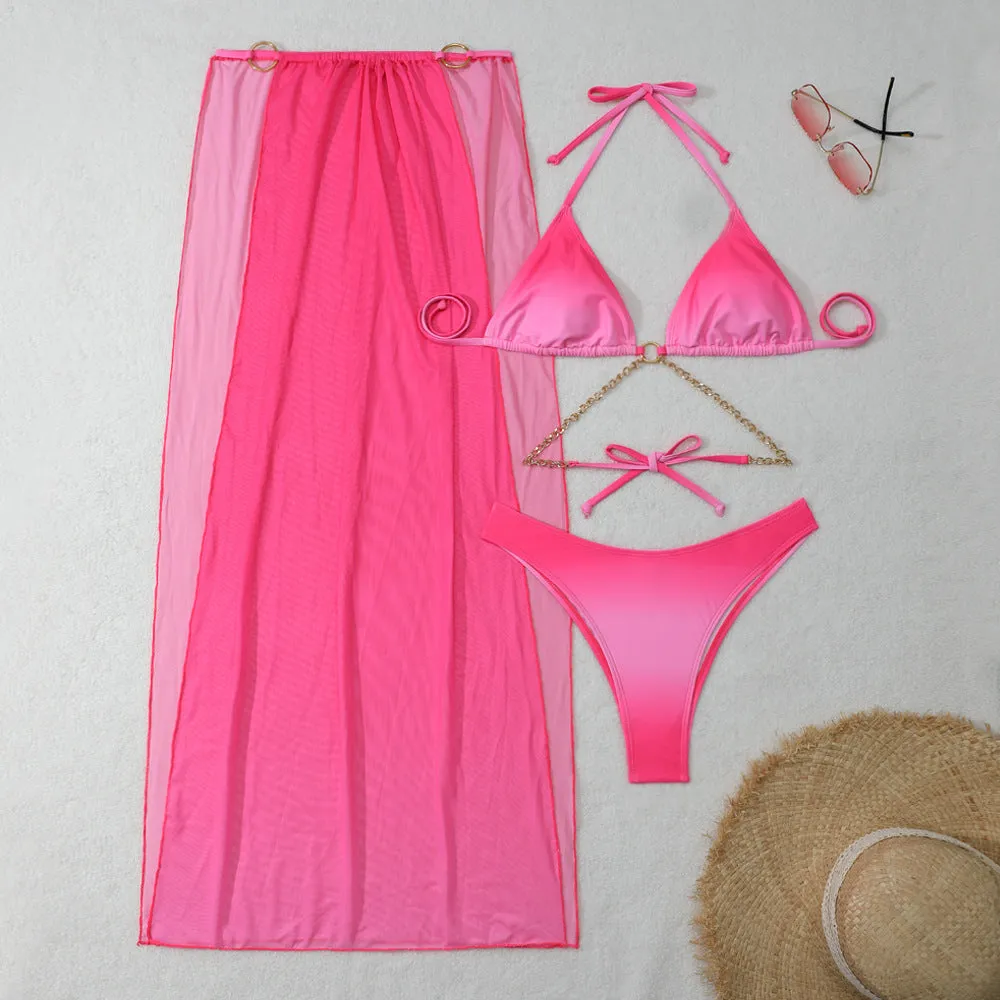 Women's drawstring banded bikini three-piece swimsuit set in rose red with polyester fabric, front view