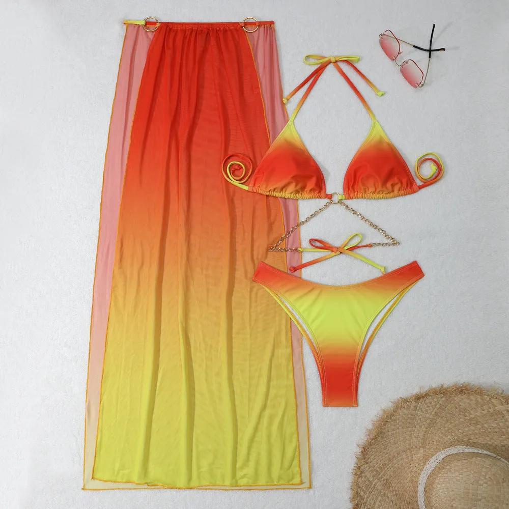 Women's drawstring banded bikini three-piece swimsuit set in rose red with polyester fabric, front view