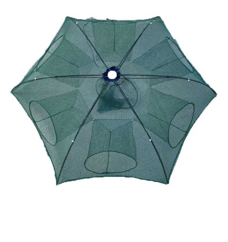 Automatic folding nylon fishing umbrella net with 100cm diameter, folded and open on bank
