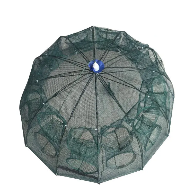 Automatic folding nylon fishing umbrella net with 100cm diameter, folded and open on bank