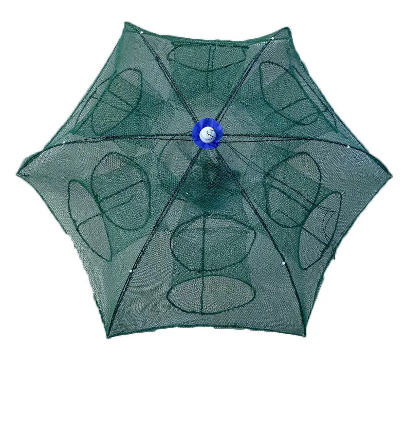 Automatic folding nylon fishing umbrella net with 100cm diameter, folded and open on bank