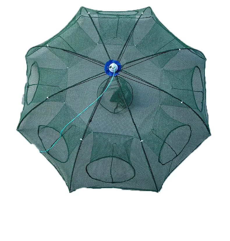 Automatic folding nylon fishing umbrella net with 100cm diameter, folded and open on bank