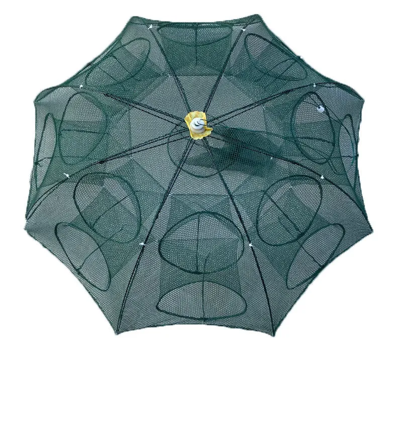Automatic folding nylon fishing umbrella net with 100cm diameter, folded and open on bank