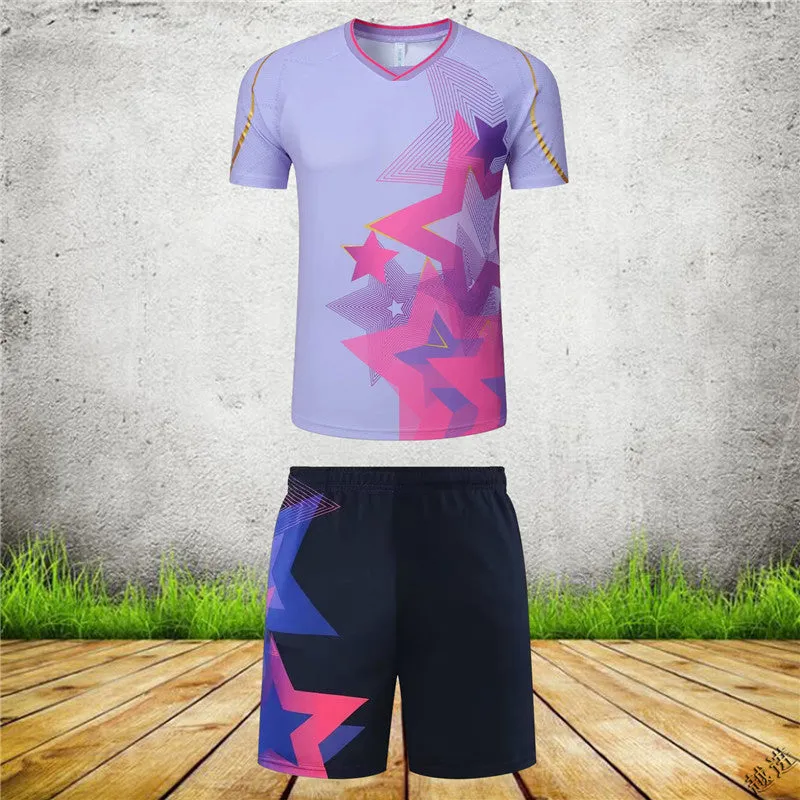 Men's and women's sapphire blue badminton sports suit with short-sleeved top and trousers.
