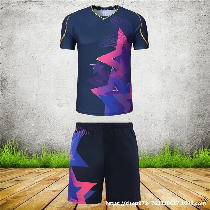Men's and women's sapphire blue badminton sports suit with short-sleeved top and trousers.