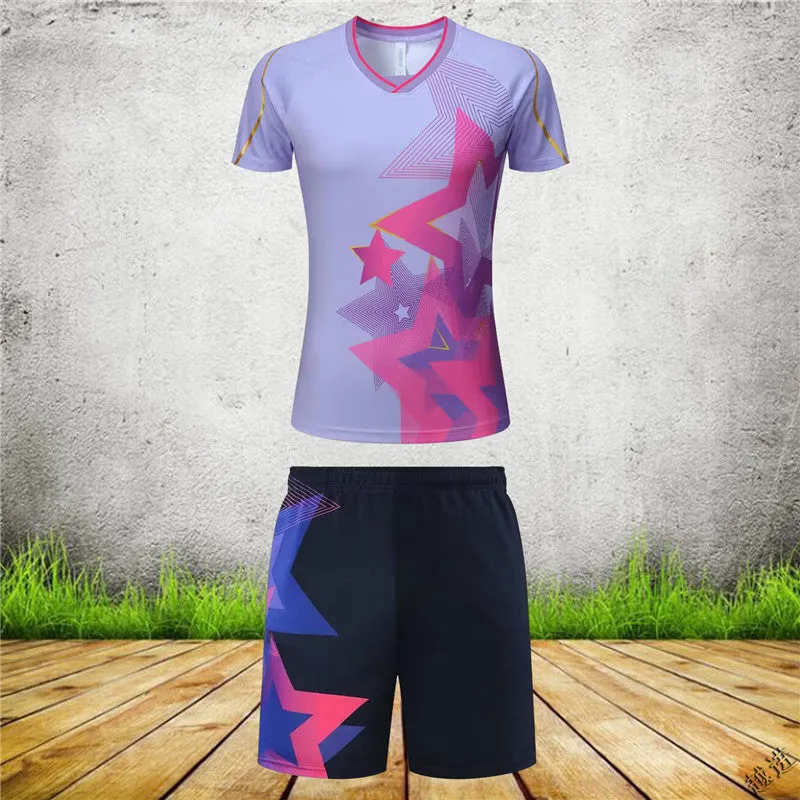 Men's and women's sapphire blue badminton sports suit with short-sleeved top and trousers.