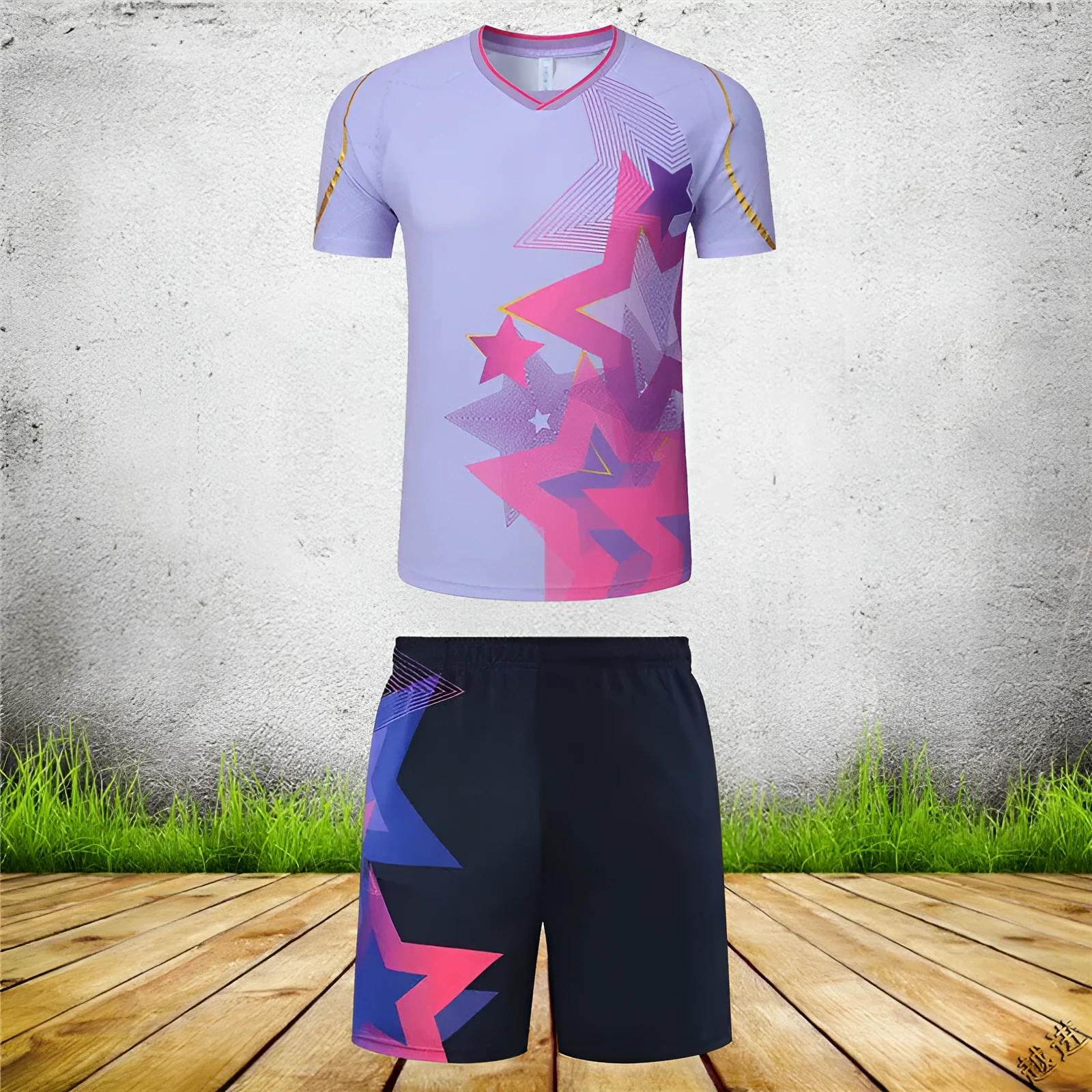 Men's and women's sapphire blue badminton sports suit with short-sleeved top and trousers.