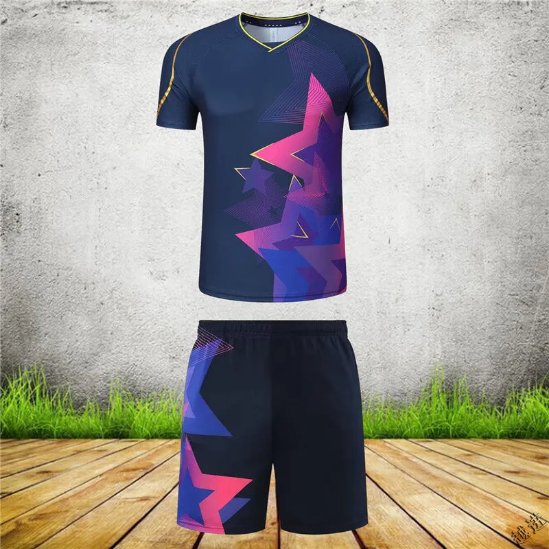 Men's and women's sapphire blue badminton sports suit with short-sleeved top and trousers.