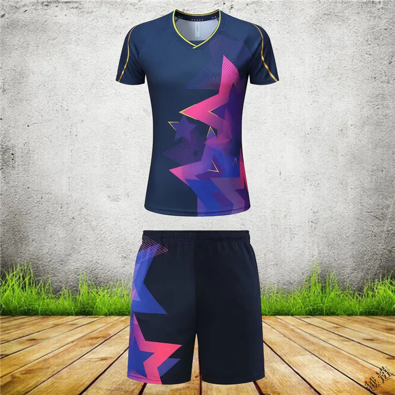 Men's and women's sapphire blue badminton sports suit with short-sleeved top and trousers.