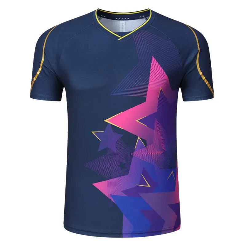 Men's and women's sapphire blue badminton sports suit with short-sleeved top and trousers.