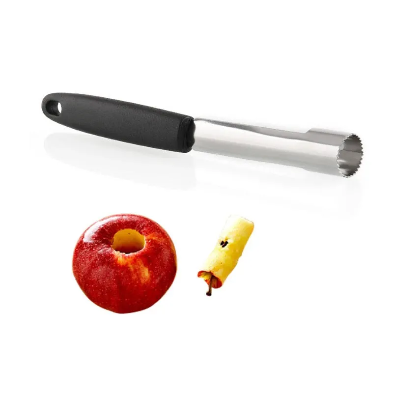Stainless steel fruit corer with 178mm length and 20mm diameter on a light background