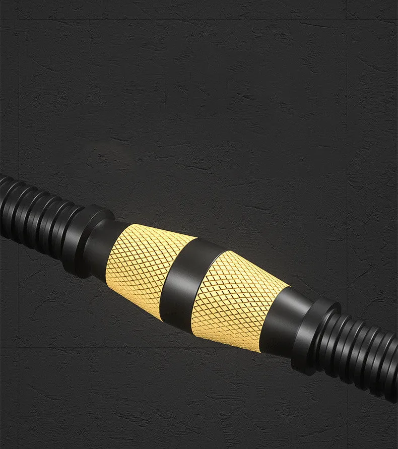 Rubber-coated dumbbell pair with foam grip and double safety nuts on a home gym floor