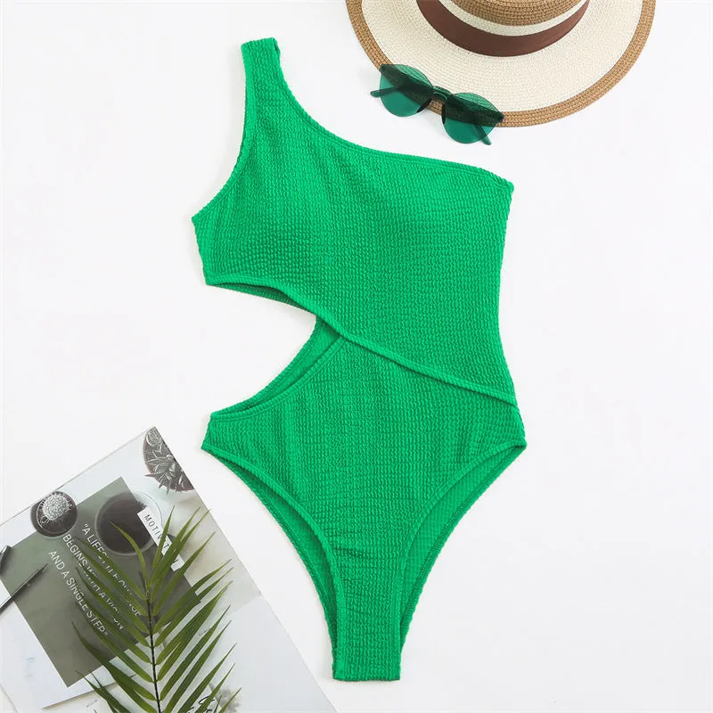 Solid colour women's one piece one shoulder swimsuit in polyester, available in multiple colours