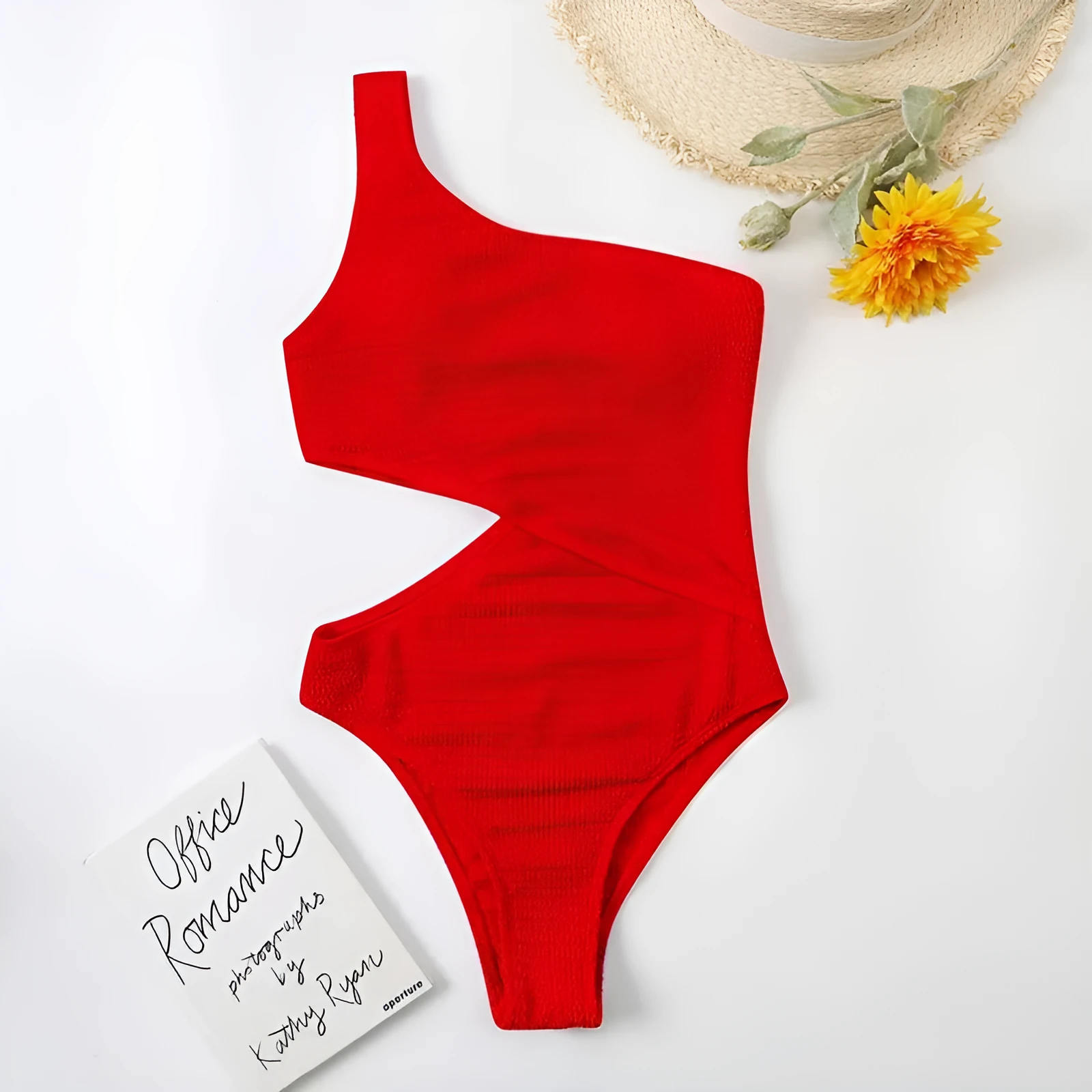 Solid colour women's one piece one shoulder swimsuit in polyester, available in multiple colours