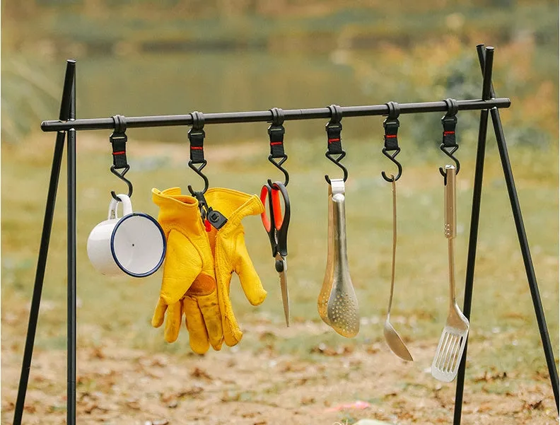 Foldable aluminium triangle camping clothes drying rack with side hanger and multiple hooks