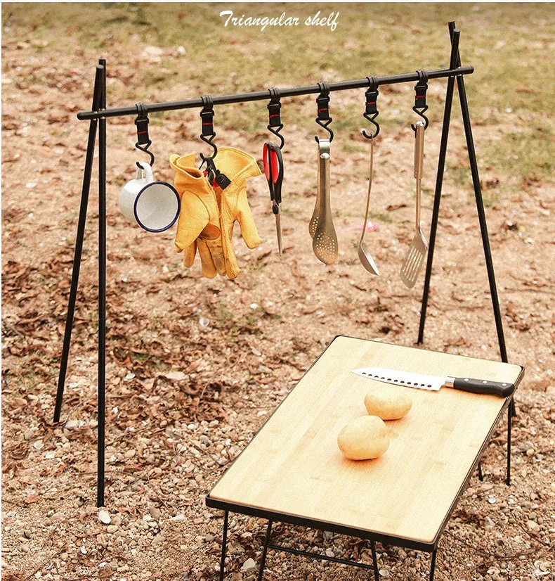 Foldable aluminium triangle camping clothes drying rack with side hanger and multiple hooks