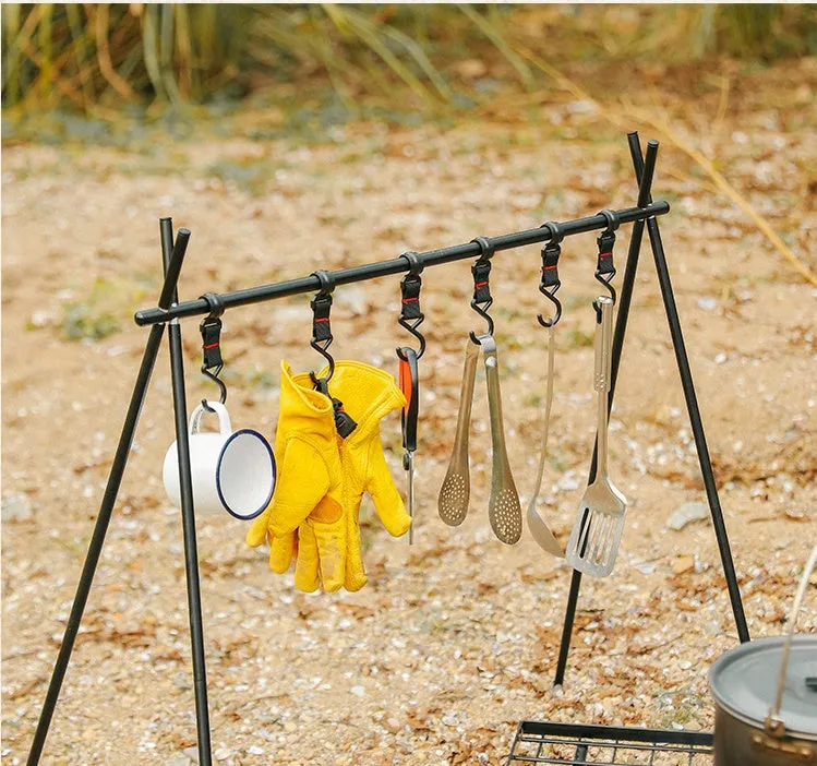 Foldable aluminium triangle camping clothes drying rack with side hanger and multiple hooks